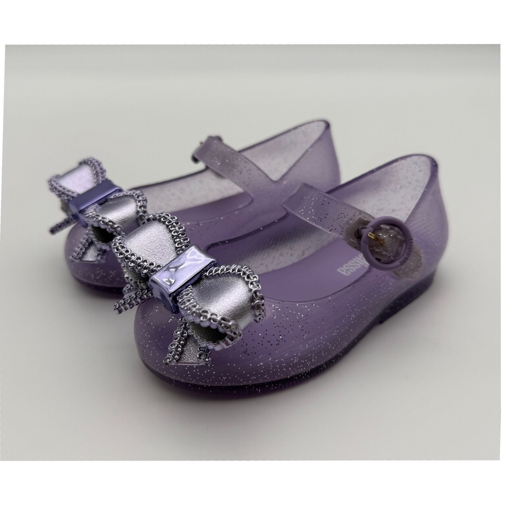 Mini Melissa Kids Ultragirl Purple Glitter Jelly Flats Metallic Bow Shoes Size 7